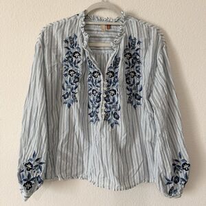 Anthropologie Pilcro Top Womens Size Medium stripes Floral Embroidered peasant